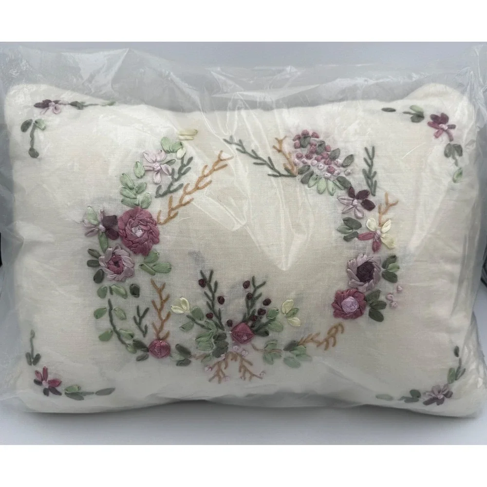 New Vintage Sweet Briar 12x16 Floral Embroidered Lumbar Accent Pillow